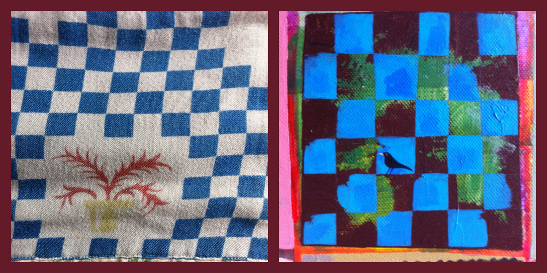 A two picture collage. The first square shows a mid century print comprised of rows of blue and white squares. A stylised house plant is featured in the centre. The second square shows a detail of a painting, made up of bright blue and dark brown squares. A small blackbird sits in one blue square.